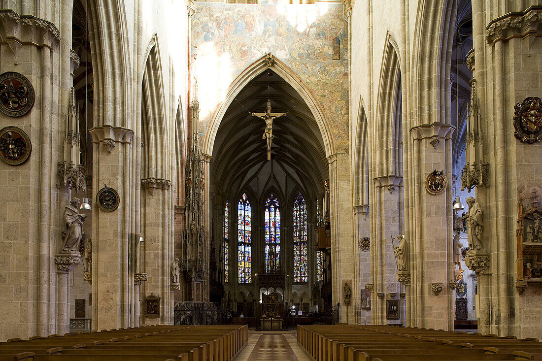 Interior view of Ulm Minster, View towards the choir stalls, Ulmer Münster, Ulm, Baden-Württemberg, Germany, Europe
