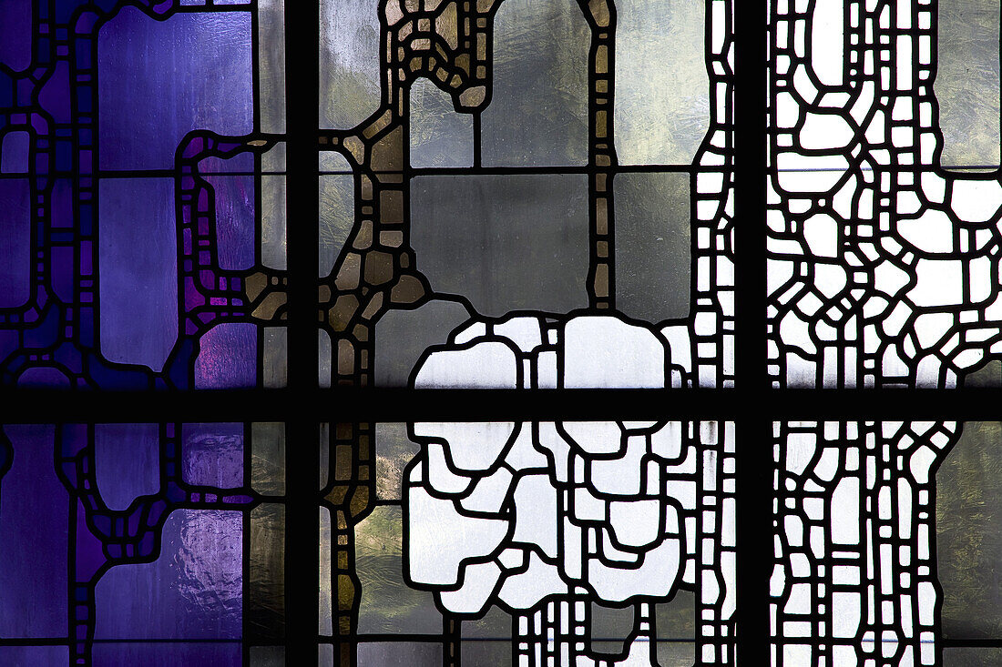 Stained glass window, Pilgrimage church in Neviges, build in 1968 by architect Gottfried Böhm, Neviges, Bergisches Land, North Rhine-Westphalia, Germany, Europe