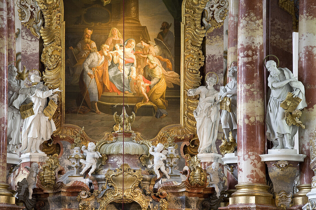 Interior view of Wies church, Wieskirche in Steingaden, Pfaffenwinkel, build from 1745–1754 by brothers Johann Baptist and Dominikus Zimmermann, UNESCO world cultural heritage, Bavaria, Germany, Europe