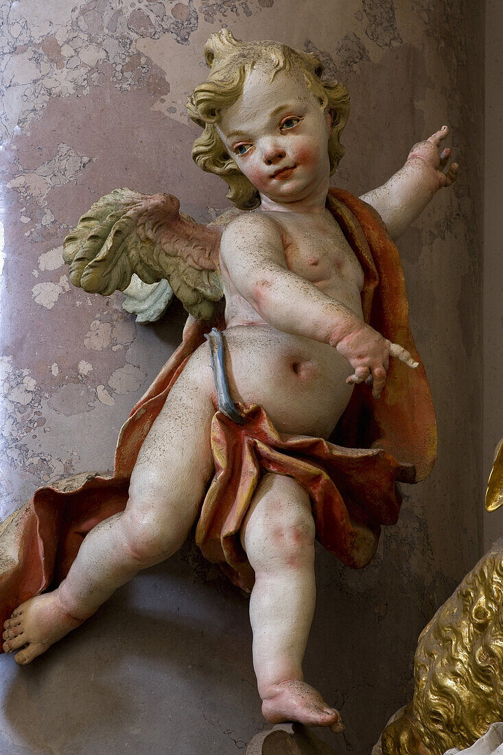 Close up of an angel sculpture in Zwiefalten minster, Münster Unserer Lieben Frau, Zwiefalten, Upper Swabian Baroque Route, Baden-Württemberg, Germany, Europe