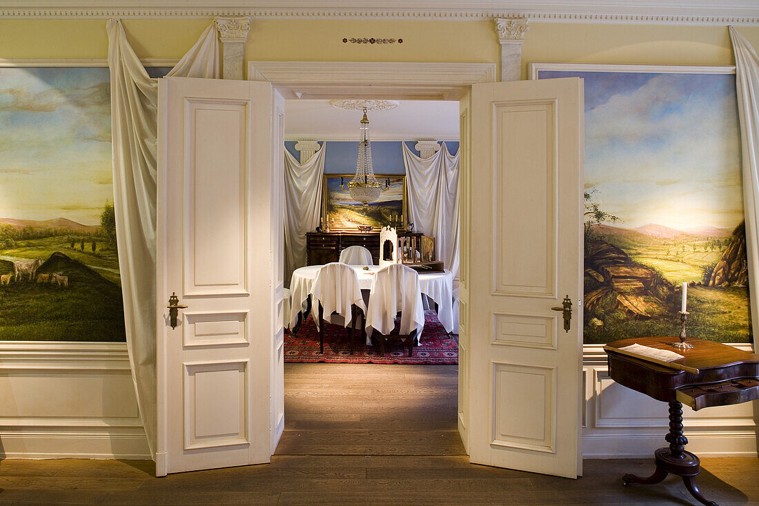 View towards the dining room, Buddenbrookhaus, Heinrich-und-Thomas-Mann-Zentrum, Lübeck, Schleswig-Holstein, Germany, Europe