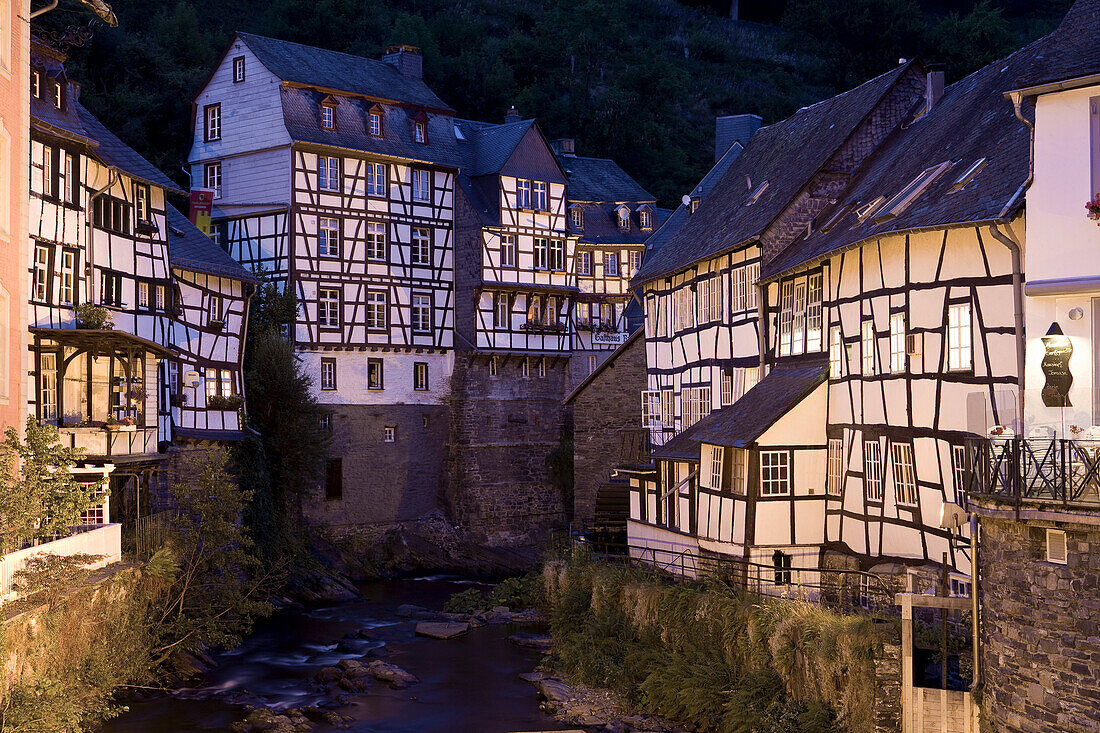 Half timbered houses along the river Rur, Monschau, Eifel, North Rhine-Westphalia, Germany, Europe