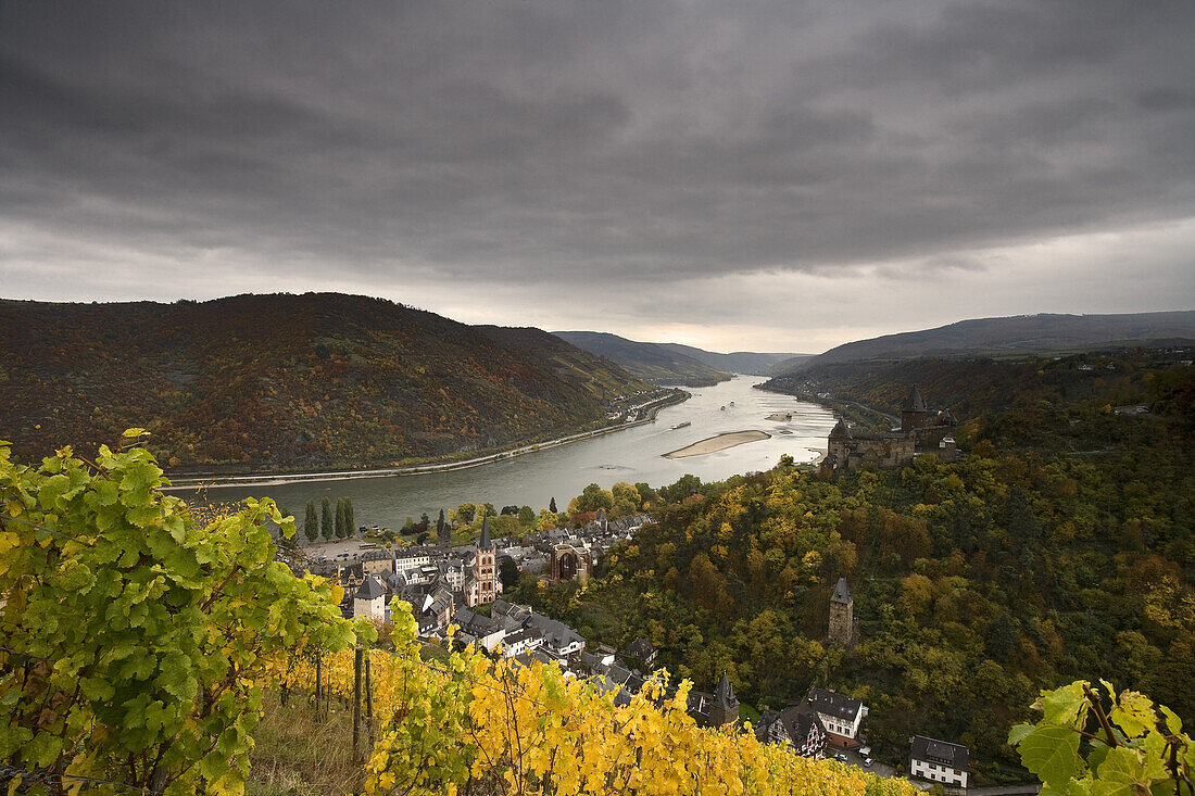 View towards Bacharach with St. Peter church, Wernerskapelle and Stahleck castle, Bacharach, Rhine, Rhineland-Palatinate, Germany, Europe