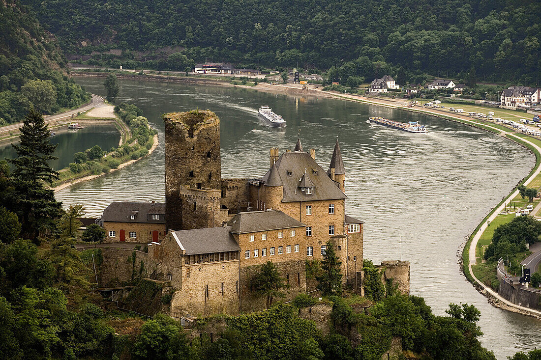 Burg Katz vom Patersberg über St. Goarshausen, Rhein, Rheinland-Pfalz, Deutschland, Europa, UNESCO Weltkulturerbe