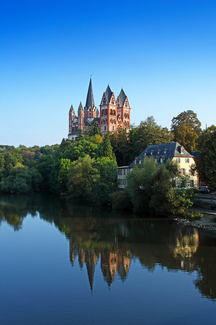 View over Lahn river to cathedral, Limburg, Hesse, Germany
