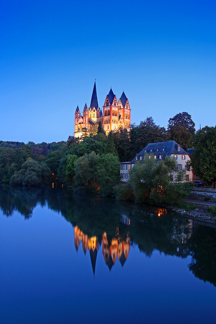 View over Lahn river to cathedral, Limburg, Hesse, Germany