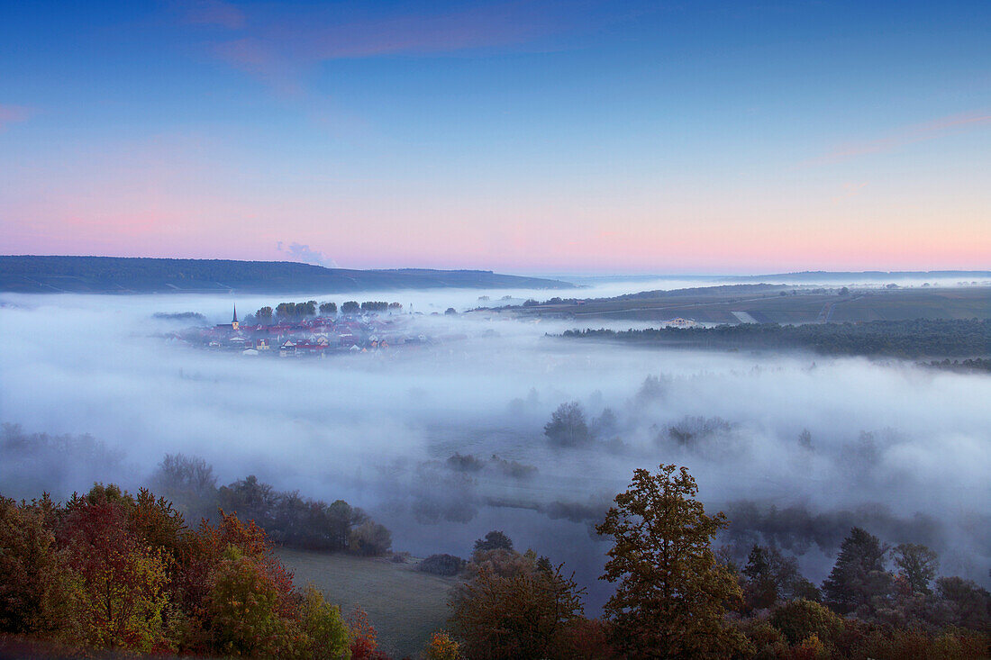 Morgennebel über der Mainschleife bei Volkach, Mainfranken, Franken, Bayern, Deutschland