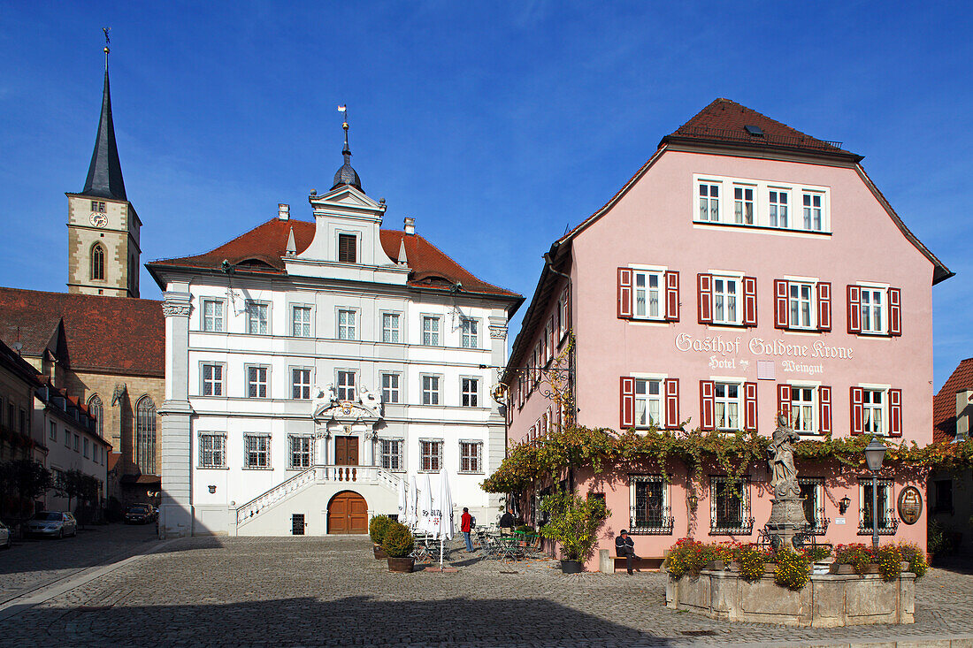 Market square with church, town hall and hotel, Iphofen, Franconia, Bavaria, Germany