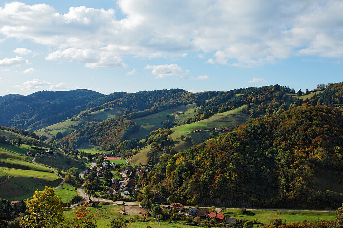 Blick über Obermünstertal im Herbst, Münstertal, Baden-Württemberg, Deutschland