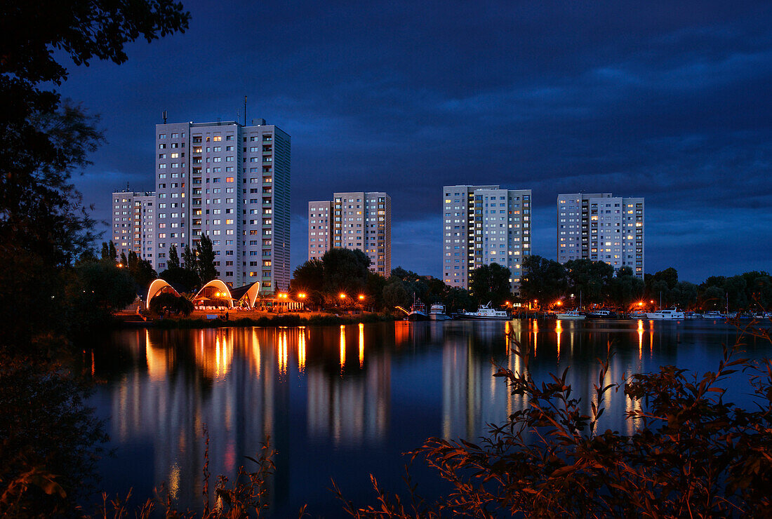 Apartment buildings at night, Potsdam, Brandenburg state, Germany