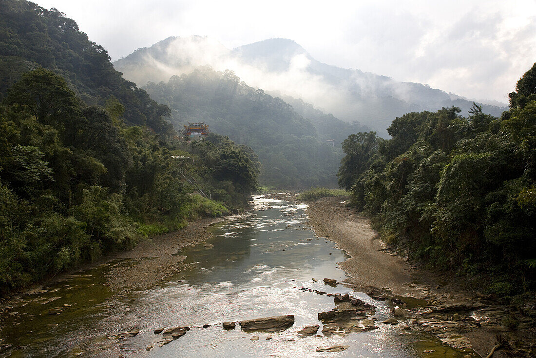 Small river and temple gate in the mountains, Pinglin, Republic of China, Taiwan, Asia