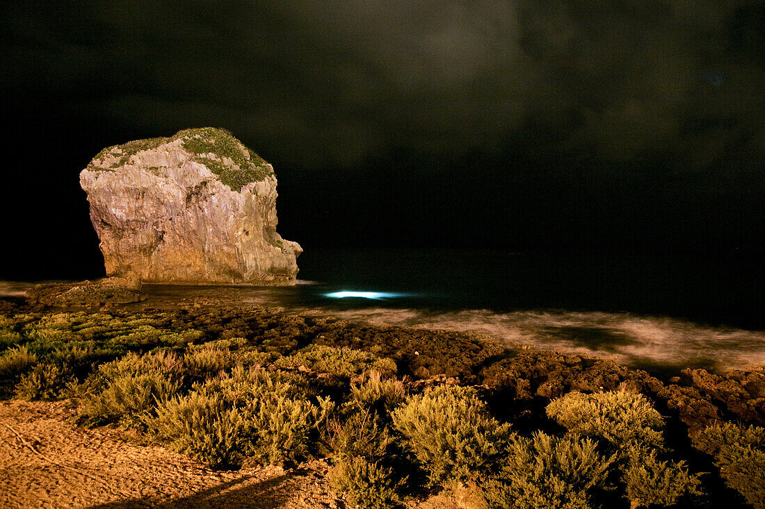 Taucher mit Lampen unter Wasser bei Nacht, Kenting Nationalpark, Sail Rock, Kending, Kenting, Republik China, Taiwan, Asien