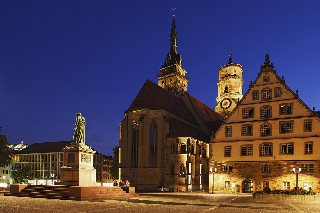 Collegiate Church and Schiller monument, Schiller square, Stuttgart, Baden-Wurttemberg, Germany