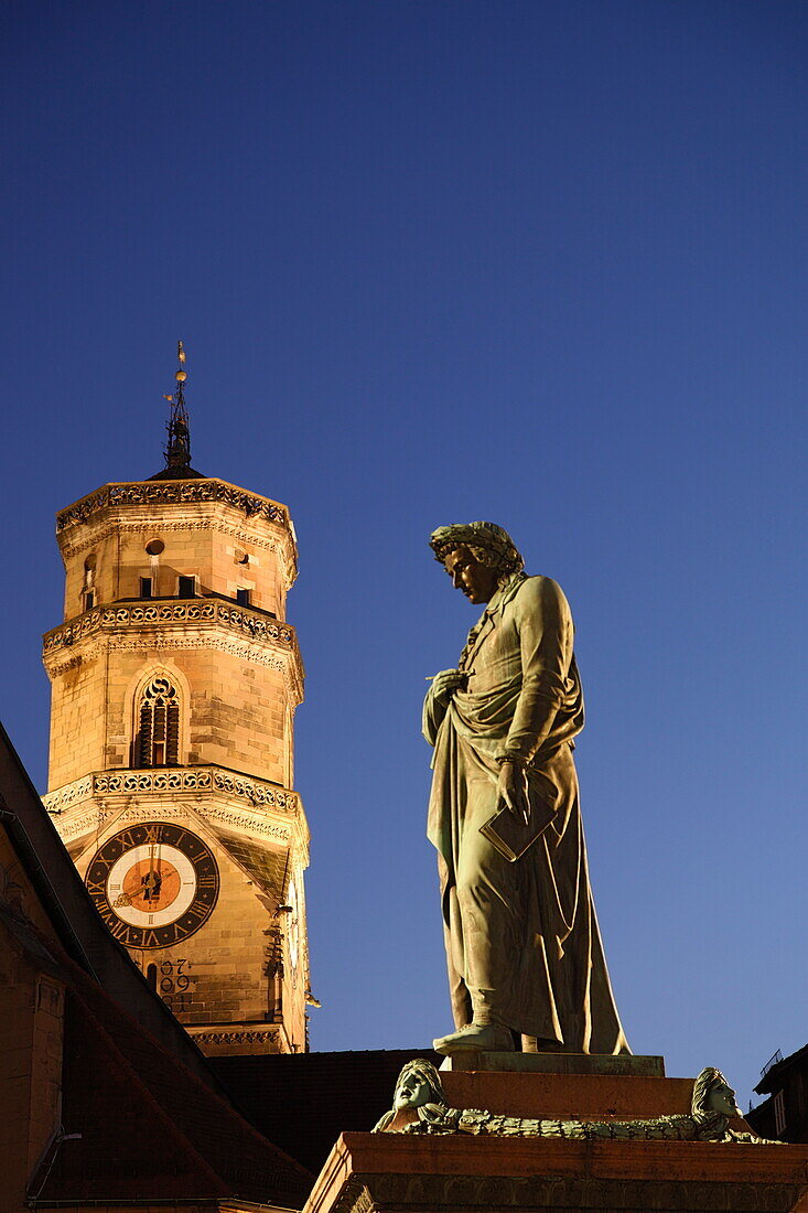 Collegiate Church and Schiller monument, Schiller square, Stuttgart, Baden-Wurttemberg, Germany