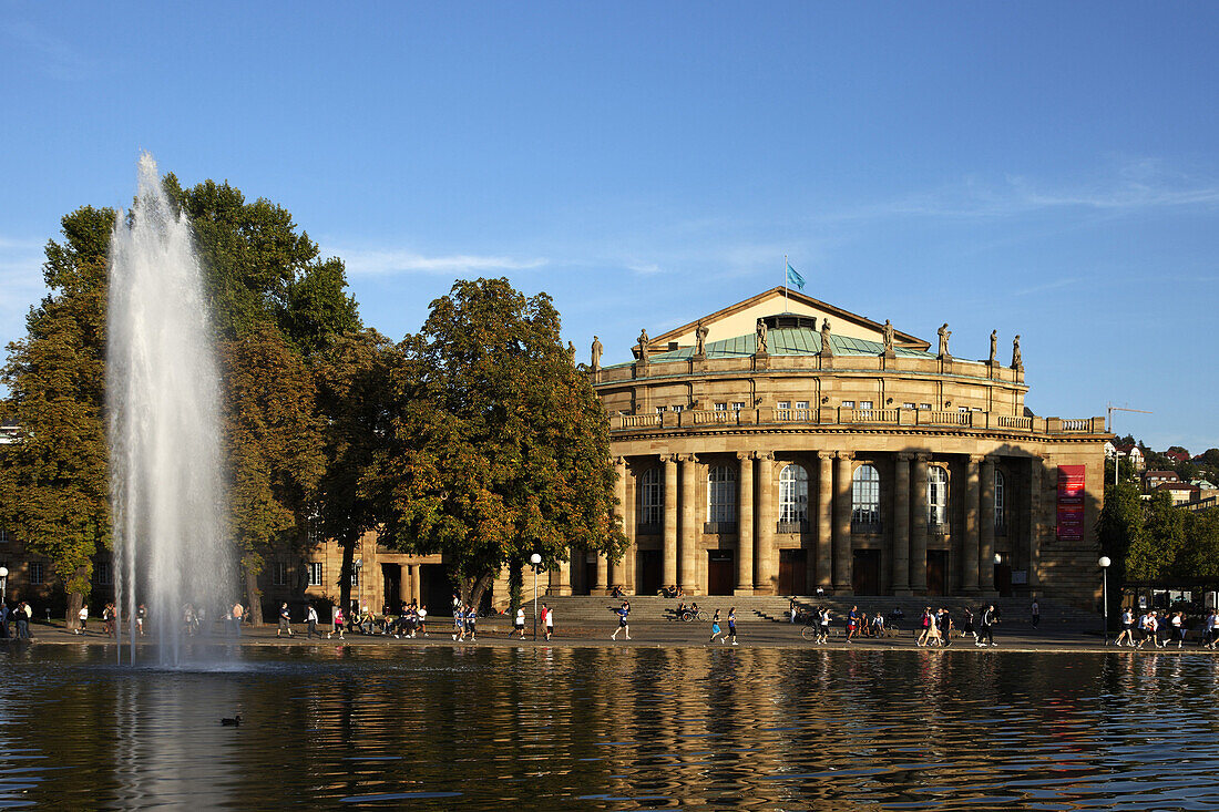 View over lake Eckensee towards the National Theatre, Stuttgart, Baden-Wurttemberg, Germany