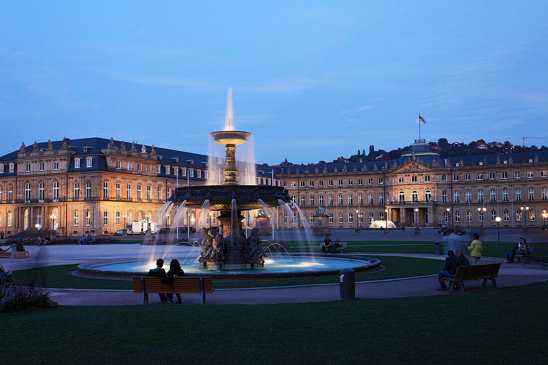 Schlossplatz with fountain, New Castle, Stuttgart, Baden-Wurttemberg, Germany