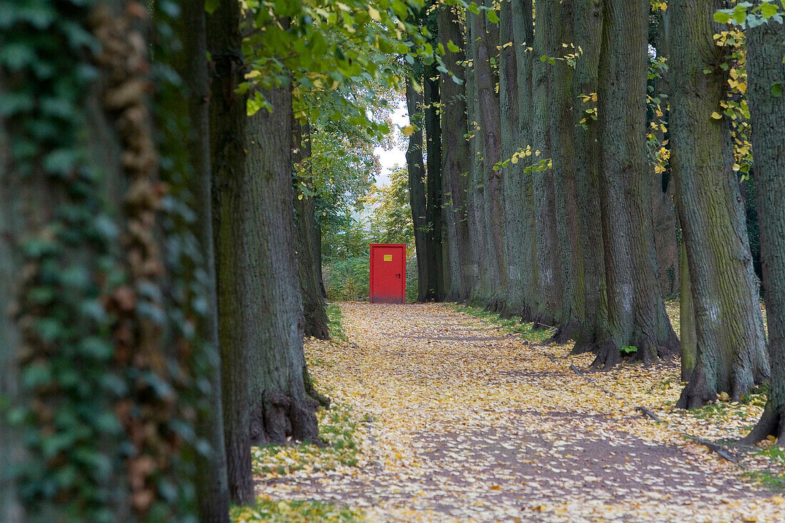 Red door in an alley, Wahrendorff Clinic, Sehnde, Lower Saxony, Germany