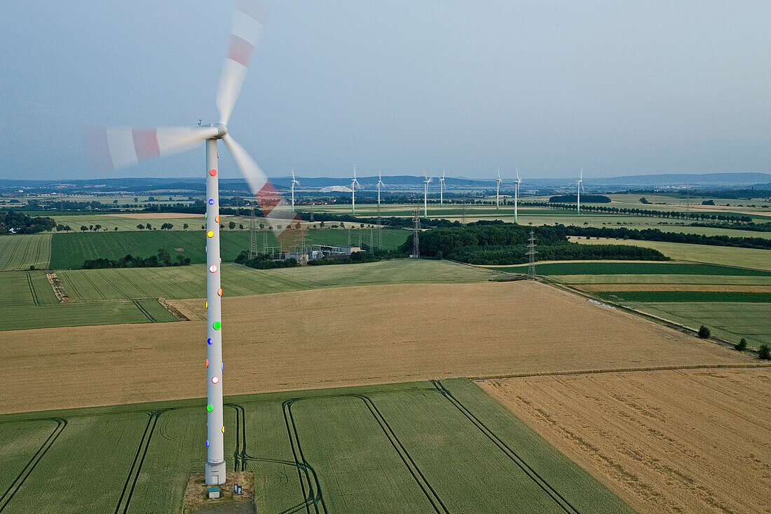 wind turbine, bright button like lights, Hanover region, Sehnde, Lower Saxony, Germany