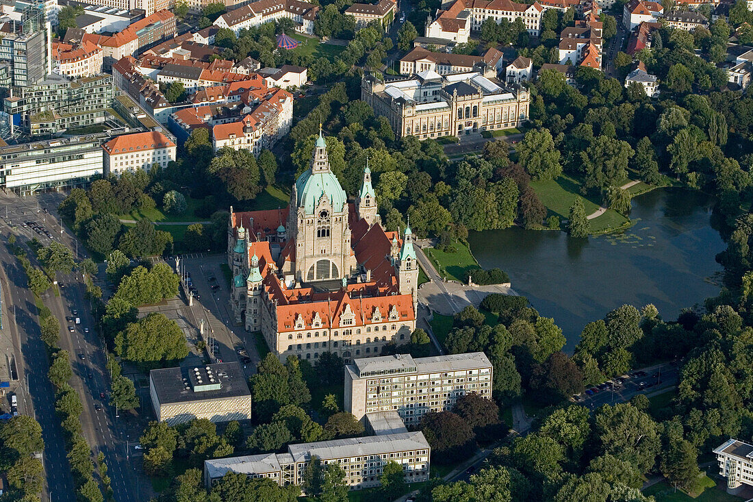 aerial photo of the new Town Hall, Maschpark, Hanover, Lower Saxony, Germany