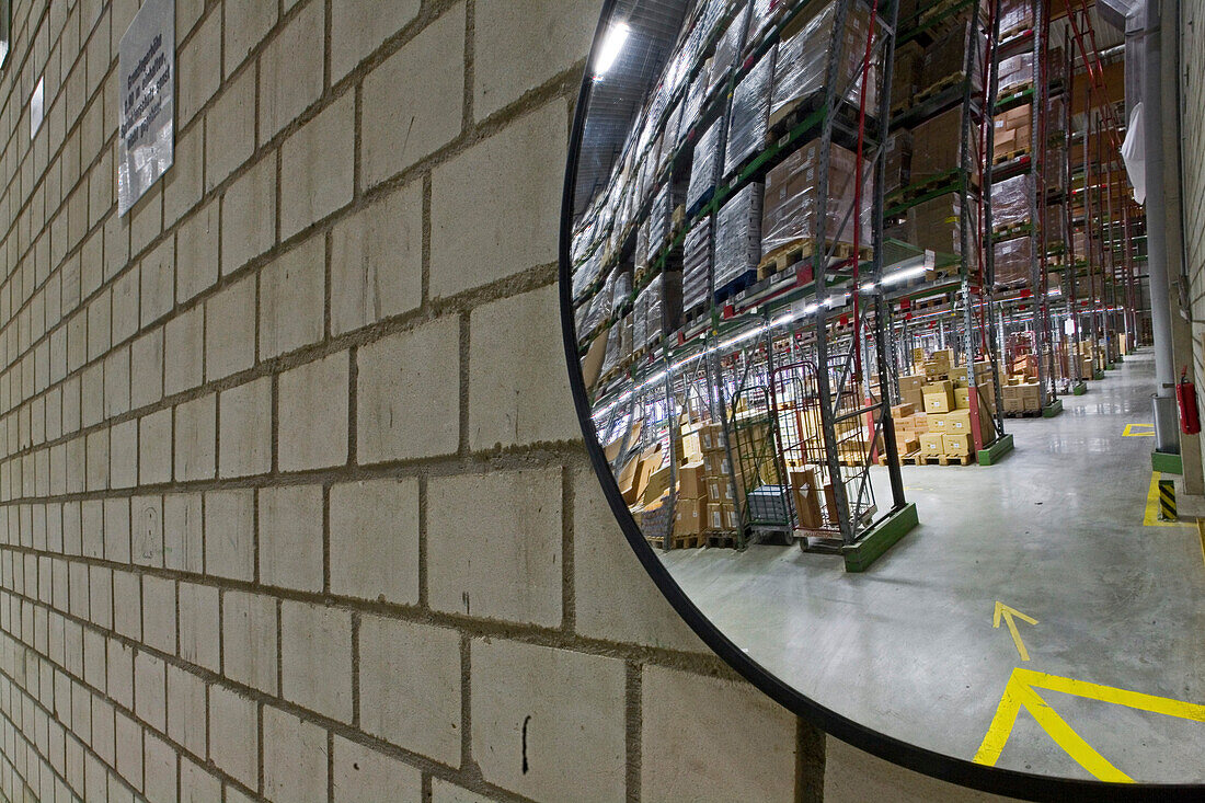 convex traffic mirror in large Rossmann warehouse, Burgwedel, near Hanover, Lower Saxony, Germany