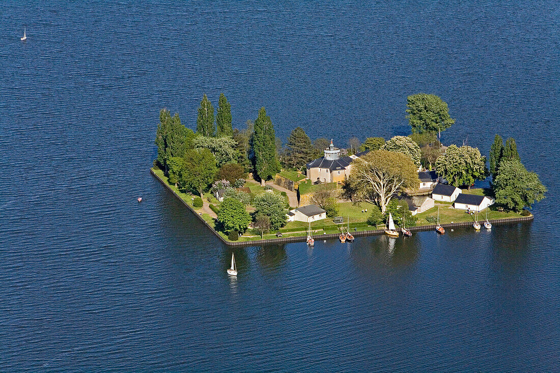 aerial photo of Wilhelmstein island in lake Steinhude, sailing boat, region Hanover, Lower Saxony, northern Germany