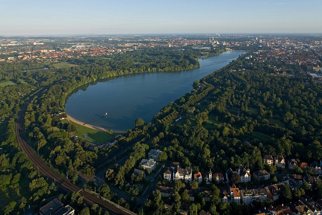 aerial view of tree lined Machsee Lake in Hannover, Town Hall, Lower Saxony, northern Germany