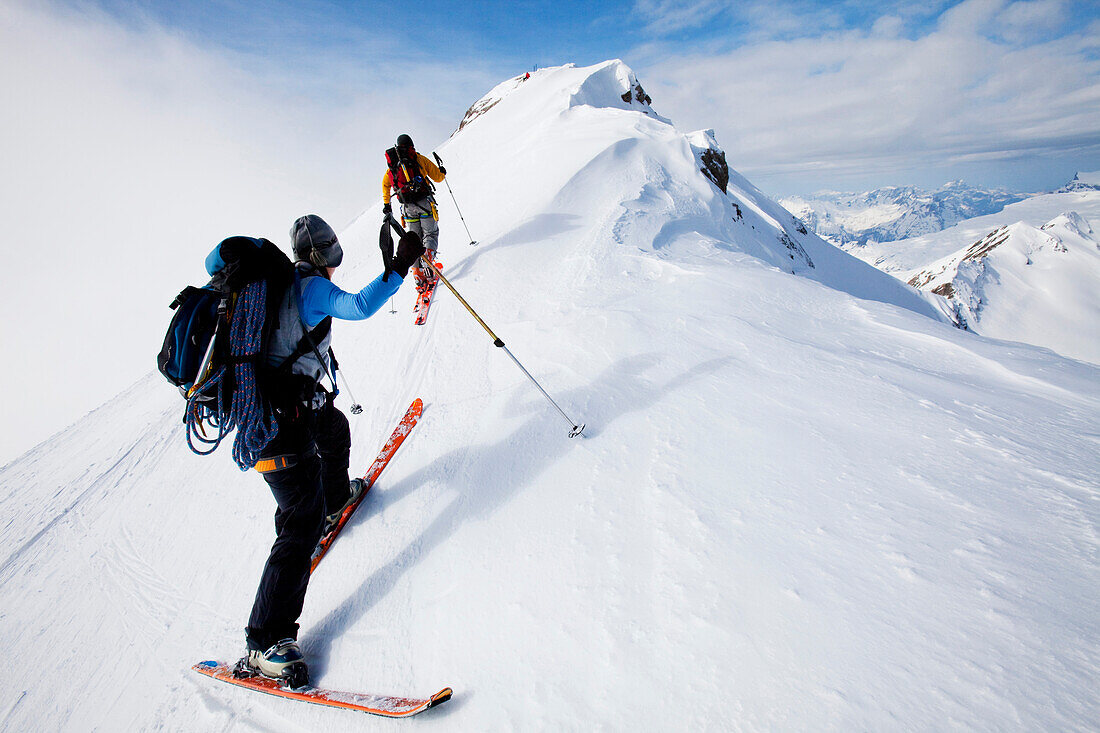 Two back-country skiiers at mount Wildhorn, Bernese Alps, Canton of Valais, Switzerland