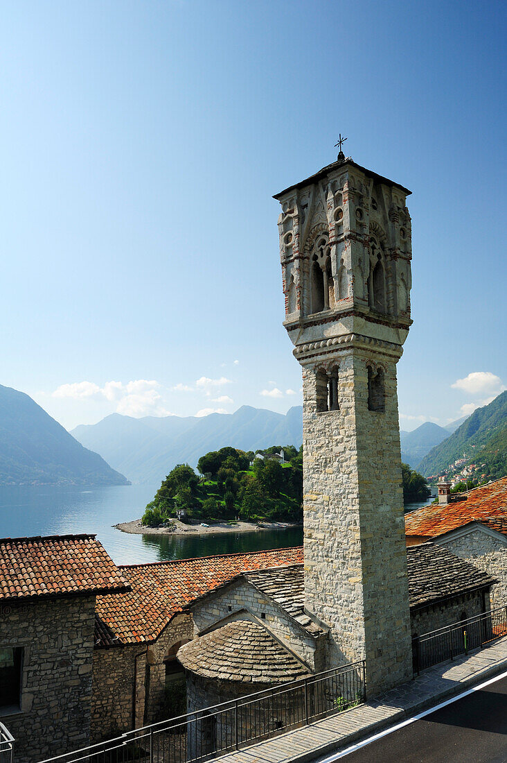 Church steeple of St Maria Maddalena, Ossuccio, Lake Como, Lombardy, Italy