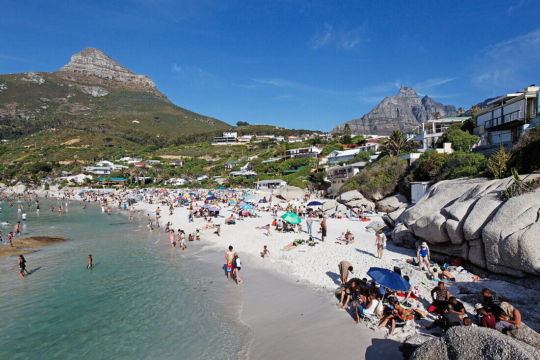 Clifton beach and Lions head (left) and Table mountain (right), Capetown, Western Cape, RSA, South Africa, Africa