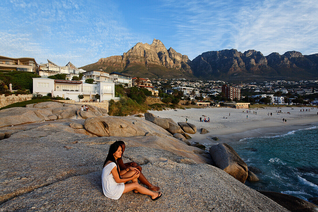 Beach in Camps Bay with the 12 apostles of Table mountain in the background, Capetown, RSA, South Africa, Africa