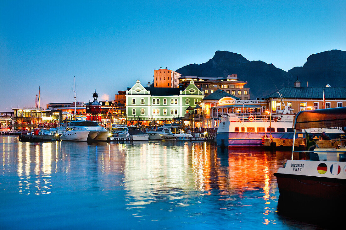 Victoria and Alfred Waterfront at night, Cape Town, Western Cape, South Africa, Africa