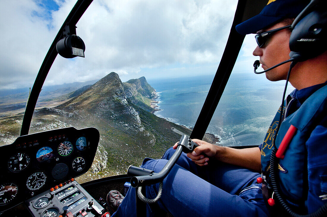 Helicopter pilot, view from helicopter, Cape Town, Cape Peninsula, Western Cape, South Africa, Africa