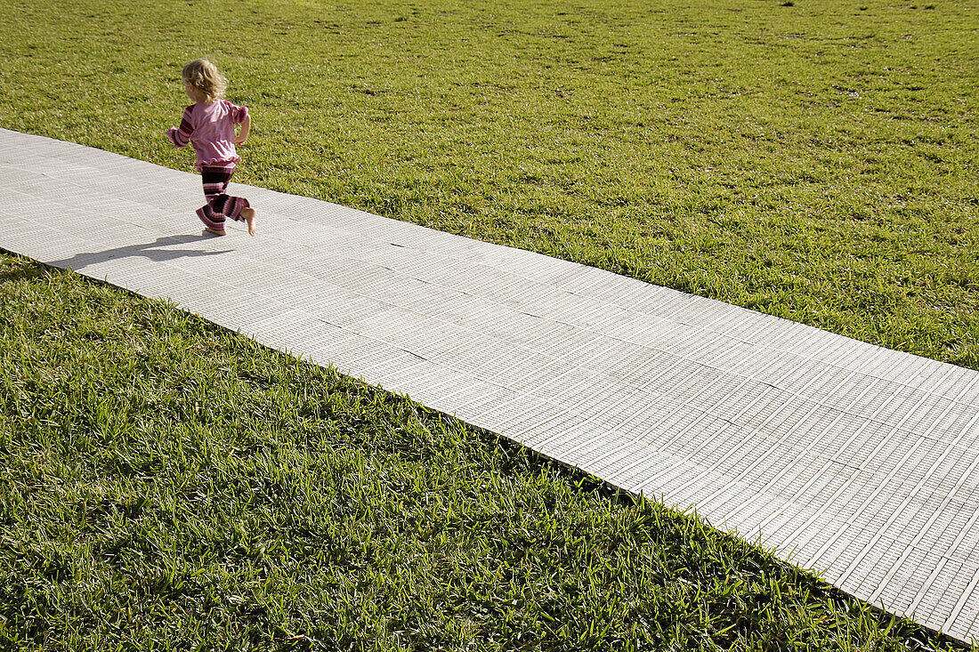 Florida,  Miami Beach,  Flamingo Park,  girl,  grass,  lawn,  plastic path,  mat,  running,  preschooler,  blonde