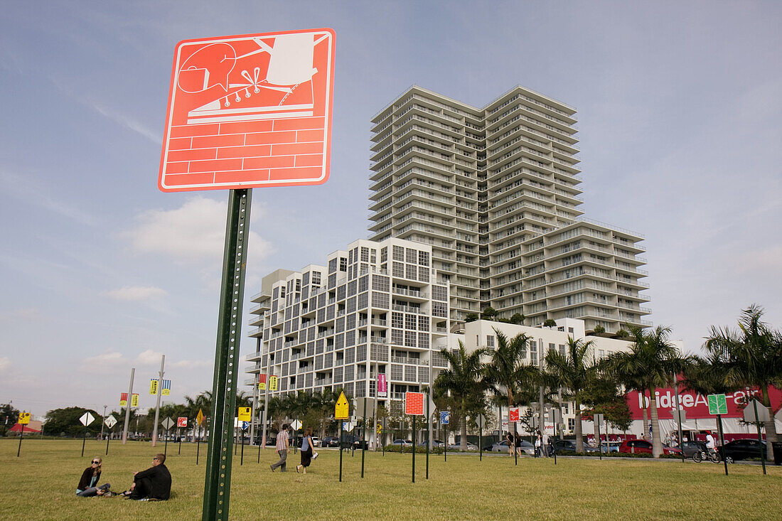 Florida,  Miami,  Midtown,  Art Basel,  Pedestriart,  urban art project,  public art installation,  street signs,  artist,  Loenel Matheu,  high rise building,  park