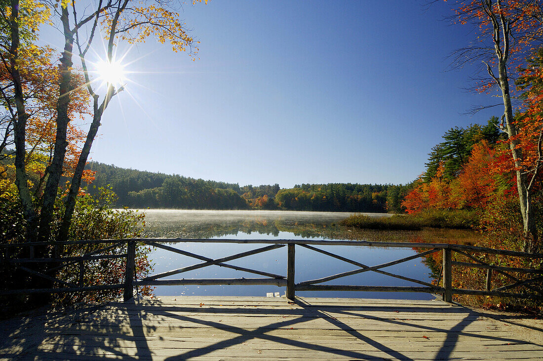 Chocorua Lake with sun as backlight in autumn Chocorua Lake,  New Hampshire,  New England,  USA,  America