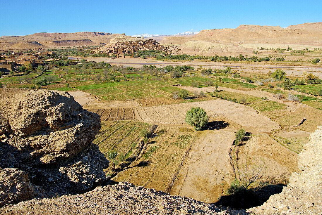 Kasbah Ait Benhaddou and fields.Morocco.