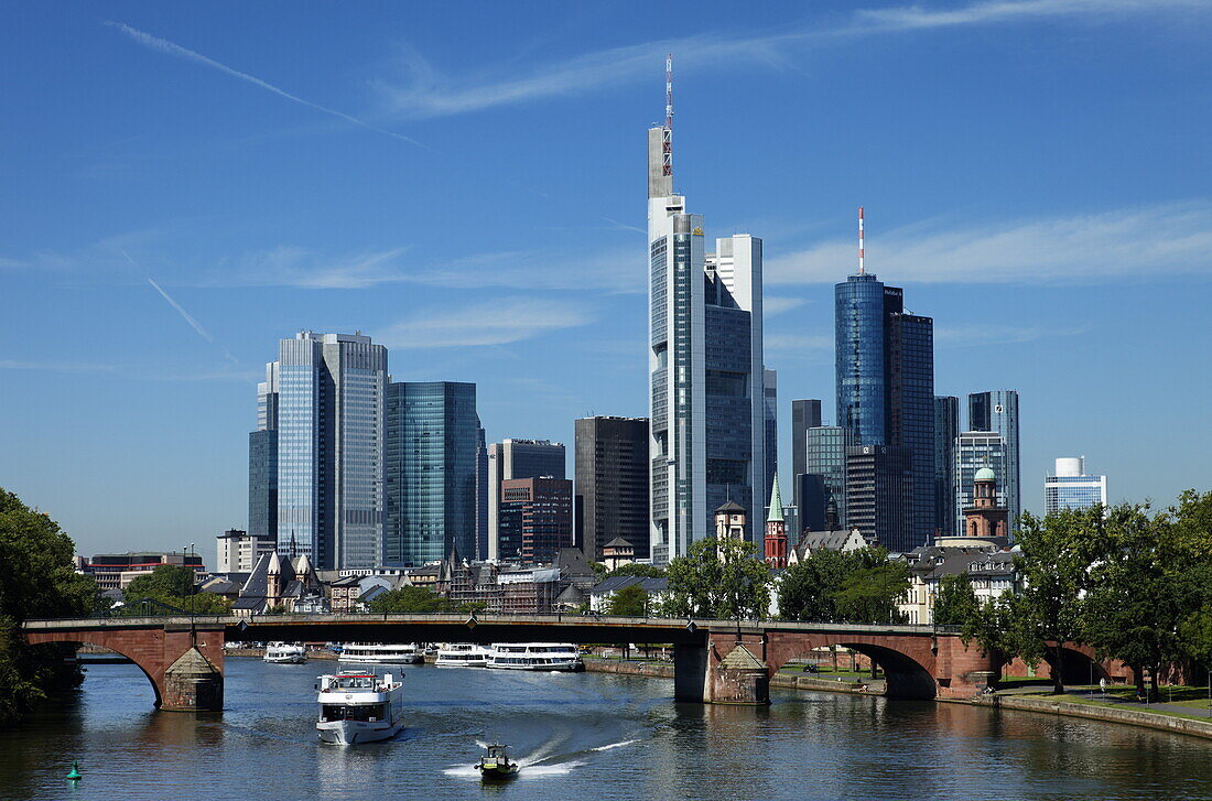 View over river Main with Old Bridge to skyline, Frankfurt am Main, Hesse, Germany