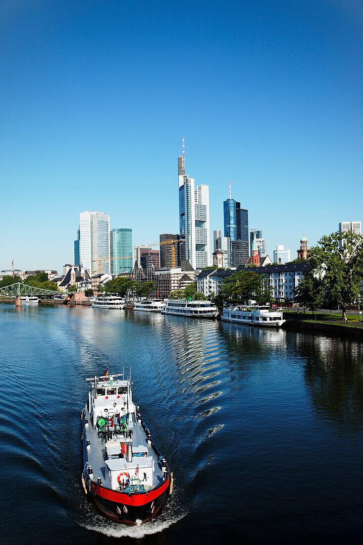 View over the Main river towards high-rise buildings, Frankfurt am Main, Hesse, Germany