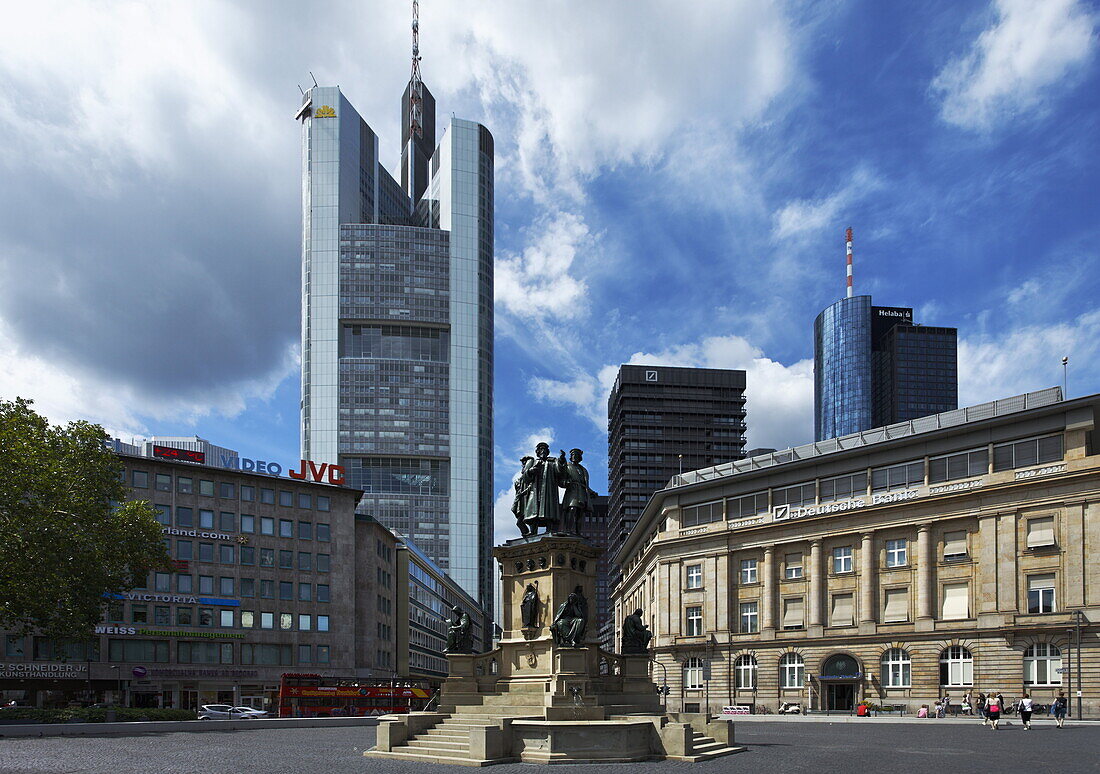 Rossmarkt with Gutenberg monument, Commerzbank Tower in background, Frankfurt am Main, Hesse, Germany