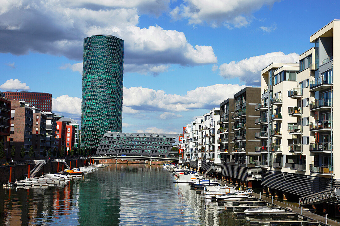 Western harbour with Westhafen Tower, like a typical cider glass, Frankfurt am Main, Hesse, Germany