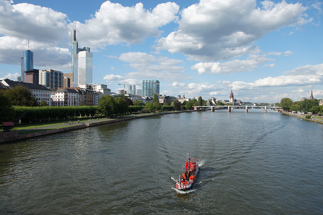 View over river Main to high-rise buildings, Frankfurt am Main, Hesse, Germany