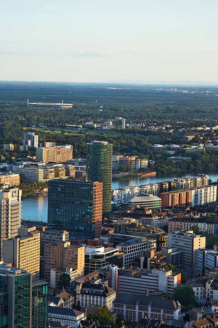 High angle view of Western Harbor with Westhafen Tower, like a typical cider glass, Frankfurt am Main, Hesse, Germany