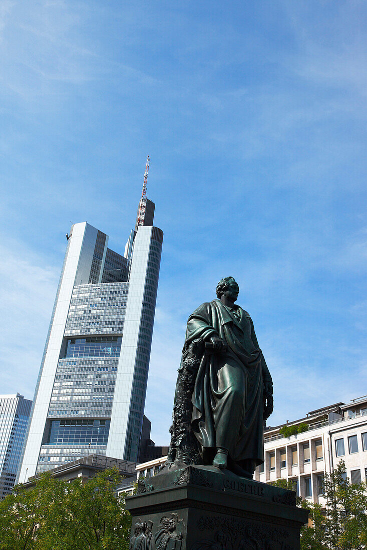 Rossmarkt with Goethe monument, Commerzbank Tower in background, Frankfurt am Main, Hesse, Germany