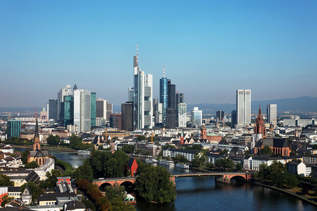Cityscape with skyline and Main river, Frankfurt am Main, Hesse, Germany