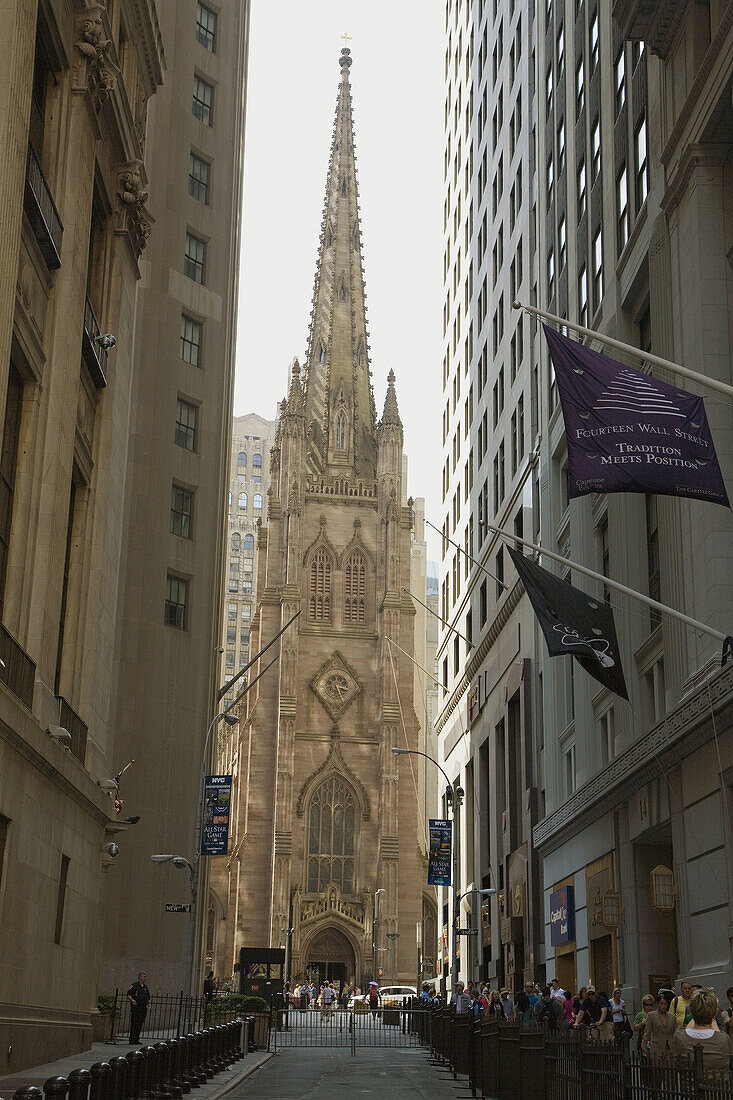 Trinity church from Wall Street,  New York City,  USA