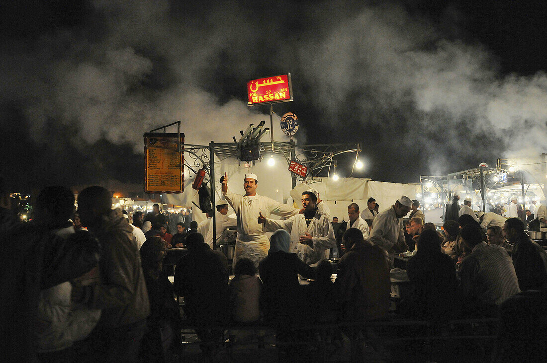 Jemaa El Fna friendly food stall by night No model/Property release