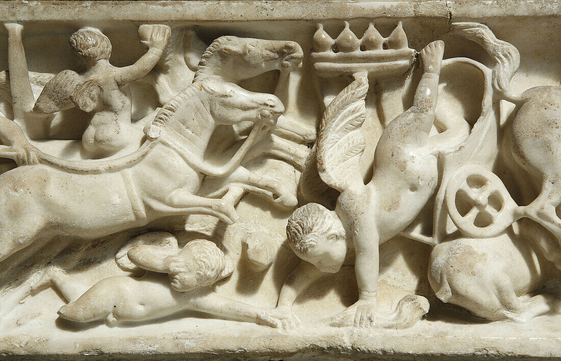 Detail of child´s sarcophagus from the Tomb of Licinii depicting Cupids racing (Rome,  c. 150-175 AD) in the Ny Carlsberg Glyptotek,  Copenhagen,  Denmark
