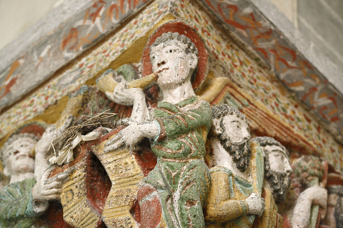 Capital column in romanesque church (1080),  Saint-Nectaire,  Auvergne,  France