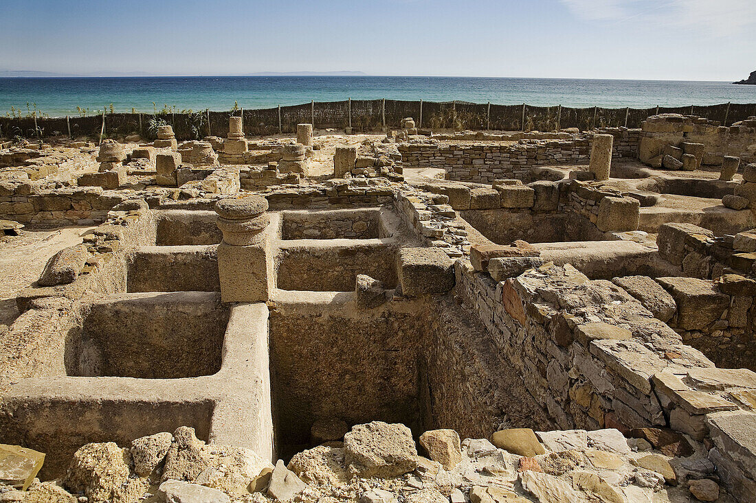 Ruins of salted fish and garum (fish sauce) factory,  archaeological site of old roman city of Baelo Claudia,  Bolonia,  Tarifa. Costa de la Luz,  Cadiz province,  Andalusia,  Spain