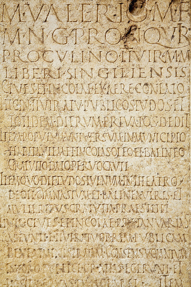 Roman inscriptions on marble preserved in municipal museum,  Palacio de Najera,  Antequera. Malaga province,  Andalucia,  Spain